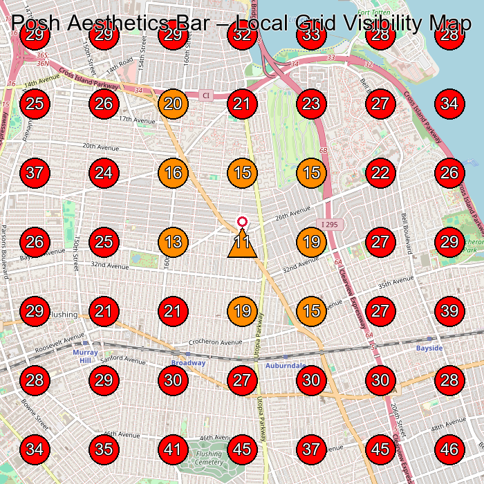 Posh Aesthetics Bar GeoGrid visibility map for Laser Hair Removal Service in Queens